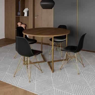Imagem de Mesa Jantar Industrial Redonda 110Cm Amêndoa Base V Dourada C/4 Cadeir