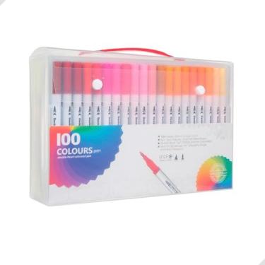 Imagem de Conjunto de Canetas Brush 24 36 60 80 100 Cores Sortidas, ponta dupla pincel e fina, canetas coloridas para lettering, desenho artístico, infantil, estojo ou maleta (100)