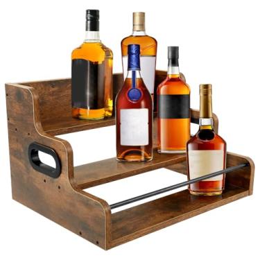 Imagem de Tcwhniev Prateleira de exibição de garrafa de licor, prateleira de 3 níveis, prateleira de vinho, vintage, organizador de xarope de café, suporte de bar para uísque de vinho