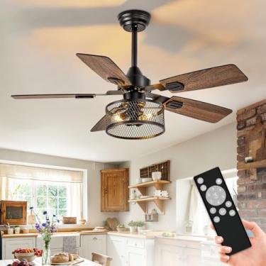 Imagem de Depuley Ventiladores de teto com luzes para casa de fazenda: Ventilador de teto em gaiola com controle remoto para quarto, sala de estar, pátio - Ventiladores de teto industriais de 106 cm 5 lâminas