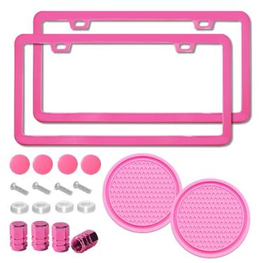 Imagem de 2 molduras de placa de carro rosa premium, suporte de alumínio sólido à prova de ferrugem com 2 furos, moldura universal de carro para mulheres e homens, incluindo parafusos