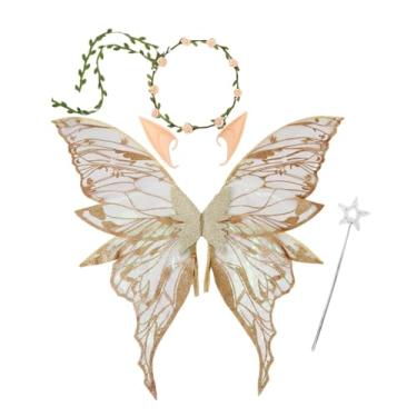Imagem de simhoa Fantasia leve de Halloween com asas de fada, cocar, orelhas de elfo, vestido extravagante, Ouro Champanhe