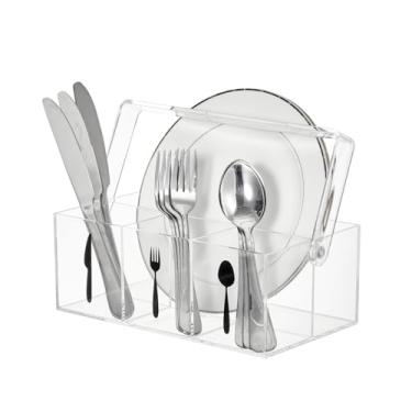 Imagem de Organizador de utensílios de acrílico com alça, organizador de talheres de plástico e suporte de talheres, dispensador de pratos de papel para bancada de cozinha, festas, piquenique ao ar livre