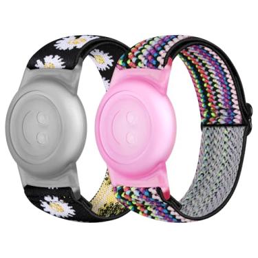 Imagem de PBFairyy Pulseiras elásticas de nylon para Apple AirTag, pacote com 2 pulseiras de relógio de nylon compatíveis com AirTag, pulseiras ajustáveis antiperda para crianças mais velhas