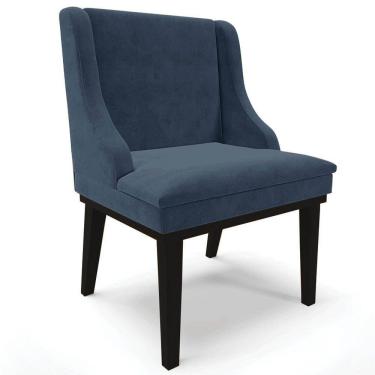 Imagem de Cadeira Estofada para Sala de Jantar Base Fixa de Madeira Preto Lia Suede Azul Marinho - Ibiza