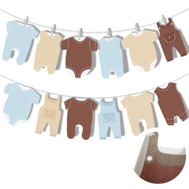 Imagem de Solsew Guirlanda de feltro neutra azul e marrom para chá de bebê, 12 peças, body, varal, faixa, roupa de chá de bebê, decorações de guirlanda para gênero, revelação de boas-vindas, artigos de festa de