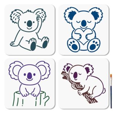 Imagem de MAYJOYDIY 4 peças de estêncil de coala fofo reutilizável de animais australianos para pintura 19 x 19 cm, modelo de desenho de coala dormindo com pincel para parede, móveis, papel, tela, scrapbook