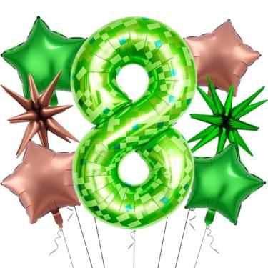 Imagem de 7Pcs 40 inch Green Pixel Pattern Number 8 Balloon Set with Exploding Star and Star Foil Balloons for Birthdays and Themed Parties