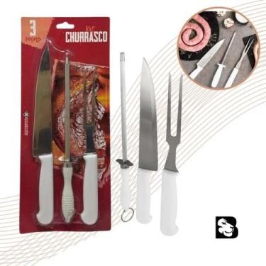 Imagem de Kit Churrasco 3 Pecas Faca Garfo Chaira Lâmina Afiada Aço Inox Profiss
