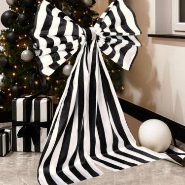 Imagem de Vertintong 26,5 x 42 polegadas laço listrado preto e branco extra grande Natal decoração de natal guirlanda de natal enfeite de fita para decoração de festa de Natal árvore guirlanda parede feriado
