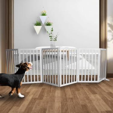 Imagem de SFJC Portão interno para cães, cerca independente para casa, portas, corredores ou escadas, portão para animais de estimação dobrável de madeira, expansível 81 cm de altura, 6 painéis, cinza