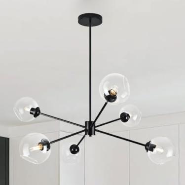 Imagem de KoKo&Yukina Lustre Sputnik de Globo de 6 Luzes Moderno Preto Sputnik Lustre Pingente de Meados do Século Acabamento Preto Fosco com Globo Transparente Lustres de Abajur de Vidro para Sala de Jantar