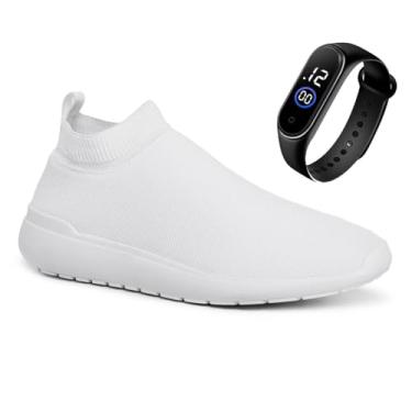 Imagem de Tênis Meia Caminhada Academia Feminino Sem Cadarço Confortavel + Relógio (Branco, BR, Adulto, Numérico, 37)