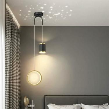 Imagem de WLHAZMWY Candeeiro pendente de projeção de estrela moderno minimalista quarto lustre restaurante cabeceira teto pendurado (luz tricolor)