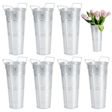 Imagem de UNICRAFTALE 8 peças de vasos de metal galvanizado de 24 cm de altura com alça de prata, balde de flores francesas, estilo rústico, suporte de flor de metal para casamentos, arranjos florais, varanda