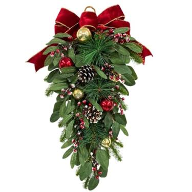 Imagem de Gota de Natal artificial iluminada com temporizador, enfeites de bola de purpurina, agulhas de pinhas flocadas, bagas vermelhas e folhas de eucalipto, decorações de inverno para porta e parede e