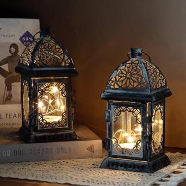 Imagem de TRIROCKS Conjunto de 2 lanternas decorativas de estilo vintage, 20 cm, lanterna de metal operada por bateria alta com luzes LED de fadas, perfeita para decoração de casa, sala de estar, festas,