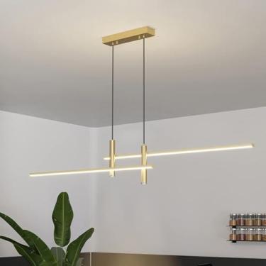 Imagem de Lustre linear com escurecimento, luminária pendente de mesa de jantar com led, preto/dourado, de alumínio, para ilha de cozinha, sala de estar, quarto, cabeceira, sala de jantar, corredor, l