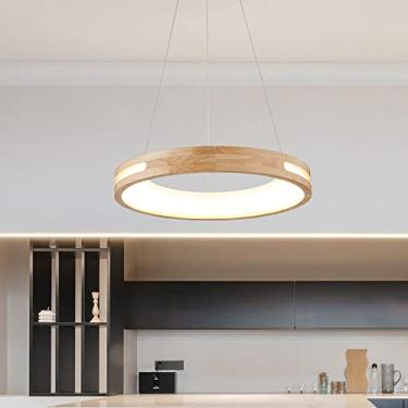Imagem de Lustre de LED estilo japonês com anel regulável para cozinha, sala de jantar, moderno, pendente de madeira, 20x20x2 polegadas