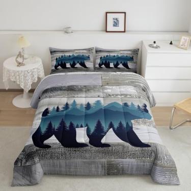 Imagem de Erosebridal Conjunto de edredom solteiro, urso safari, rústico, caça de animais, para crianças, adolescentes, prancha de madeira, urso azul, vida selvagem, respirável, para sofá, montanhas de inverno