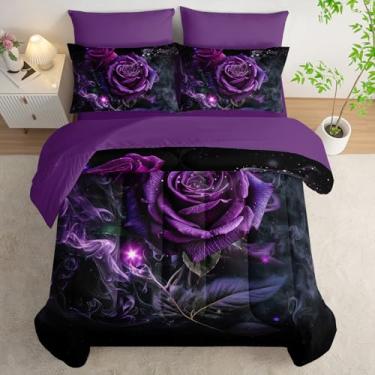 Imagem de Tuzaovy Conjunto de edredom de 7 peças, cama king size com flores, decoração de quarto, rosa macia com lençol de cima, fronhas e fronhas