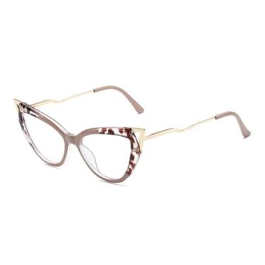 Imagem de Óculos de sol femininos estilo olho de gato, armação transparente anti-luz azul, padrão roxo cáqui, 138 mm