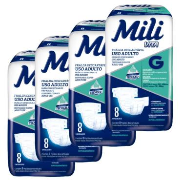 Imagem de Fralda Geriátrica Adulto  Incontinência Mili Vita  Tamanho G 4 pacotes com 8    Total 32 Fraldas
