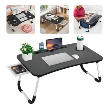Imagem de Mesa Portátil Dobrável Com Gaveta Para Notebook Home Office Estudo Refeição Cama Com Porta Copo MDF(Preto)