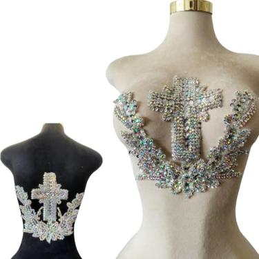 Imagem de Patch bordado feito à mão com contas cruzadas, aplique de strass feito à mão, design criativo, decoração de roupas para vestido de casamento antecessor ou terno masculino nas costas (AB)