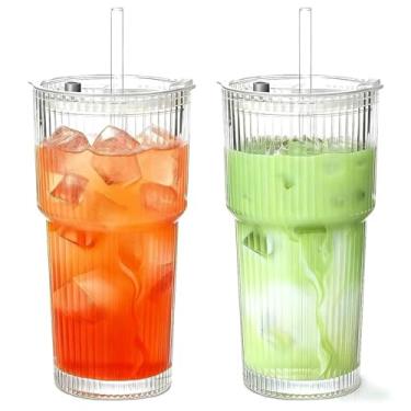 Imagem de MINGHYZYA Copos de vidro de 590 ml, copos de café gelado com tampas e canudos de vidro, copos de vidro de parede espessos, ideais para vitaminas, coquetéis e sucos – Utensílios vintage e duráveis – 2