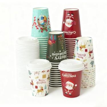 Imagem de Lckaien Pacote com 100 Xícaras de Café de Natal com Tampas Descartáveis, Copos de Café To Go 340 g Copos de Papel de Natal Espessos para Chocolate Quente Chá Cacau, Copos de Festa de Natal para