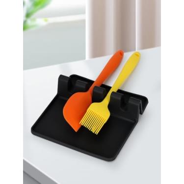 Imagem de Descanso de utensílios de silicone de cozinha - livre de BPA, descanso de colher durável com almofada de gotejamento - resistente ao calor para fogão e balcão - suporte de gadgets e utensílios, preto
