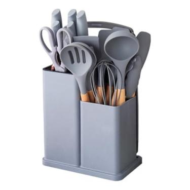 Imagem de Conjunto de Utensílios de Cozinha em Silicone, Kit 19 Peças com Suporte, Cinza, Incluindo Espátulas, Colheres e Facas com Cabo de Madeira