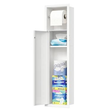 Imagem de Neodrain Suporte de papel higiênico embutido, suporte de papel higiênico branco com porta curvada em três dobras, armário de armazenamento de banheiro de aço inoxidável 304 para rolo de papel