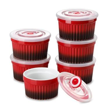 Imagem de vancasso Ramekins de 170 g com tampa, pratos de suflê de creme brulee de porcelana, copos de pudim vermelho para assar, pode ir à lava-louças e ao forno, conjunto de 6