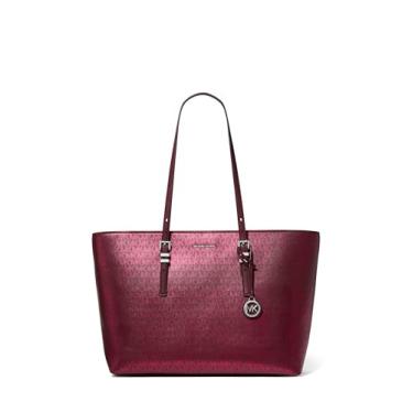 Imagem de Michael Kors Quinn Bolsa grande, ferragem em tom prateado/folha impressa MK Signature Smooth Nappa Leather/Oxblood