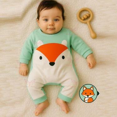 Imagem de Macacão de Bebê Vira Pé Raposinha Menino Manga Longa Tam RN a 03 Meses