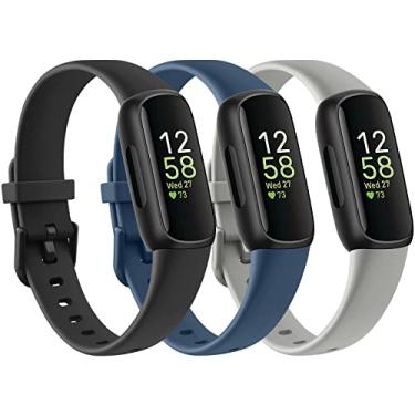 Imagem de Pacote com 3 pulseiras de silicone para Fitbit Inspire 3 pulseiras de substituição para mulheres e homens, pulseiras esportivas ajustáveis macias à prova d'água compatíveis com Fitbit Inspire 3 Fitness Tracker (não para Inspire HR/Inspire1) (preto + azul abismo + cinza)