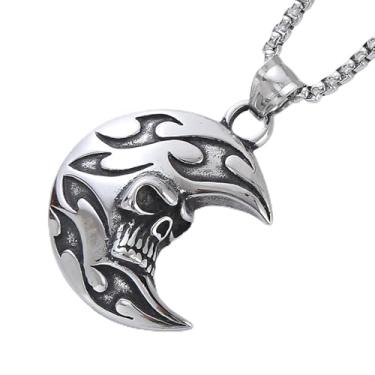 Imagem de Colar vintage com pingente de caveira de lua crescente de aço inoxidável | Design gótico escuro com apelo atemporal LCC1097-P, One Size, Aço inoxidável, Sem Pedra Preciosa