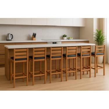 Imagem de Kit 6 Banquetas Luxo Alta Bar Pés Madeira Moderna Assento Estofado Par