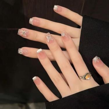 Imagem de Pressionar unhas curtas médias quadradas francesas olho de gato cola falsa unhas com design simples de borboleta strass, cobertura total, bastão falso artificial em unha de acrílico para mulheres, 24