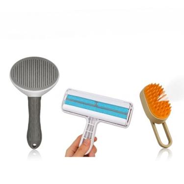 Imagem de Escova Pet, Kit Escova Vapor Gatos Cães 3 em 1 Elétricas Pêlos Pentes Massagem Tira Pelo Pet Animais Tosa(Escova Cinza+Vapor+ Tira Pelos)