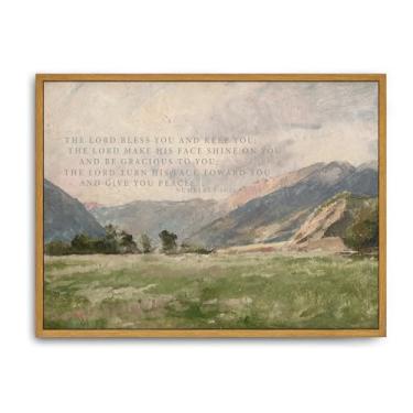 Imagem de Iknostine Arte de parede emoldurada para decoração de tela impressões vintage pintura cristã montanha prado flores silvestres bênção letras versículo bíblico números 6:24 arte para banheiro, casa