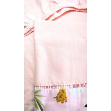 Imagem de Jogo de Lençol 2 Pçs Simples com Elástico Berço Americano Safari Malha com Ponto Palito e Barrado Rosa Bebê