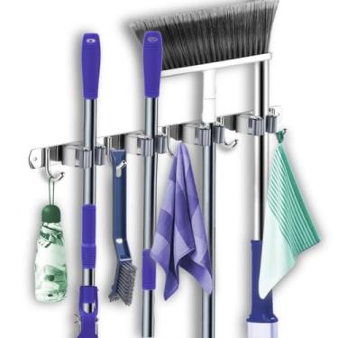 Imagem de Porta Vassoura de Parede, Suporte e Organizador para Vassoura, Rodo e Utensílios de Limpeza, Ideal para Área de Serviço(4 entradas 5 ganchos)
