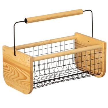 Imagem de Gardenised Cesta vintage de madeira de pinheiro e malha de metal, moldura de madeira com alça reta para frutas, legumes, organização de cozinha, armazenamento decorativo, decoração de casa e exibição
