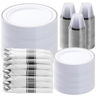 Imagem de BESTVIP Conjunto de louça de plástico prata 525 peças para 75 convidados, pratos descartáveis para festa, inclui: 150 pratos de plástico, 75 guardanapos pré-enrolados com talheres prateados, 75