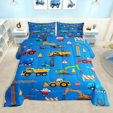 Imagem de Feelyou Conjunto de edredom com escavadeira azul, veículos de construção, 1 fronha, equipamento, caminhões, microfibra, roupa de cama solteiro, decoração de quarto, edredom respirável, macio e leve