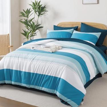 Imagem de Andency Conjunto de edredom casal azul-petróleo - 7 peças, listrado, leve, em uma bolsa, microfibra macia e reversível, com edredom, lençol de cima, fronhas e fronhas