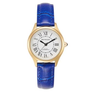 Imagem de Miykon Relógios femininos minimalistas vintage – Relógio analógico feminino pequeno e delicado com pulseira de couro genuíno – quartzo japonês, impermeável até 30 metros, Pulseira azul, caixa dourada